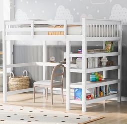 Merax Wood Loft Bed with Desk and Shelves