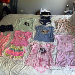 Toddler girl size 5T summer clothes lot. Bunny pjs, mermaid & unicorn shirts have light stains. Cherokee/poof girl/glitter girl/kikiz ye pajamas/Penel