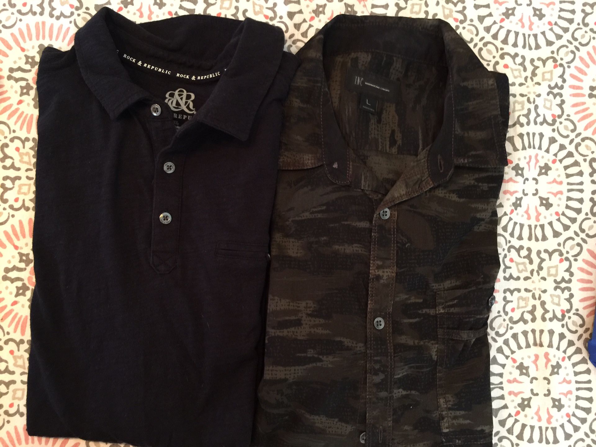 Camo button and black collar shirt