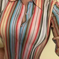 Ninety button down striped long sleeve pink blue black lavender shirt Sz medium