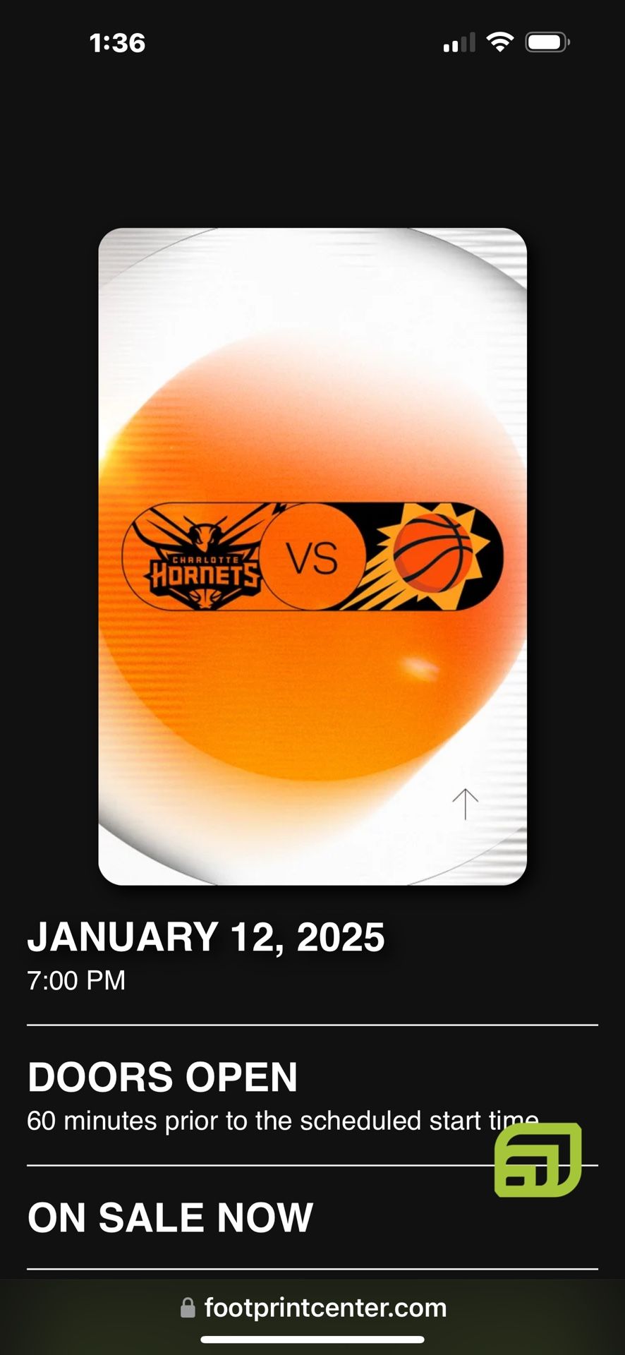 Jan 12 Hornets Versus The Suns 150.00 Each