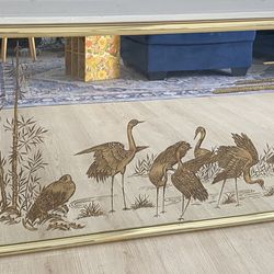 Vtg Large MCM Hollywood Regency Gold Etched Wall Mirror w Cranes