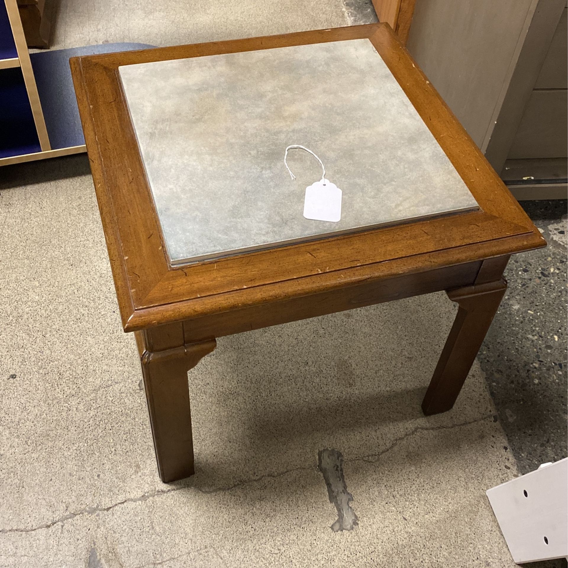 Square Wooden Side Table With Grey Tile Top