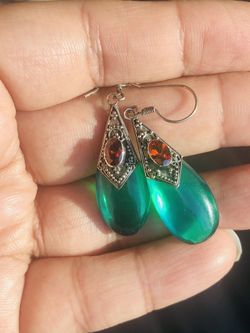 Sea Green Lucite Earrings with Carnelian Accent in 925 Sterling Silver