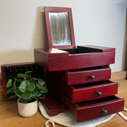 Jewelry Box Multi-Compartment Display Stand Redwood W/ Mirror & Storage