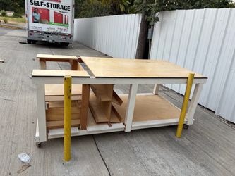 Wood Workbench with Shelving on Casters