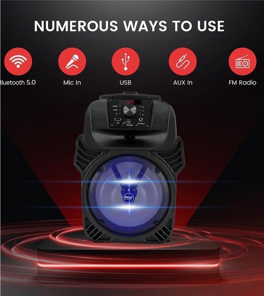 Pyle speaker 400W Portable Bluetooth 8” Subwoofer System, 4 Ohm/55-20kHz, USB/MP3/FM Radio/ ¼ Mic Inputs, Multi-Color LED Lights, Rechargeable w/