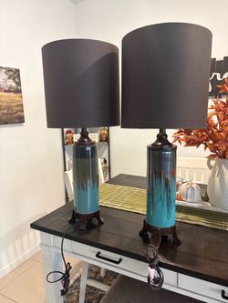 Briston Table Lamp in Teal, Tan & Brown Ceramic & Brown Linen (Set of 2)