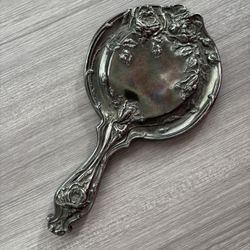 Antique Art Nouveau Women's Hand Mirror Beveled Glass Silver Plate 