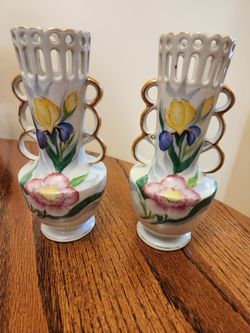 Pretty Vintage Hand Painted 8" Porcelain Vases