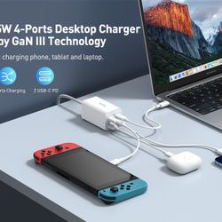 USB C Charger, 65W PD GaN3 Fast Wall Charger 4-Ports [2USB-C + 2USB] Charging Station, 5ft AC Cable for MacBook Pro/Air, USB-C Laptop, iPhone 13/12,