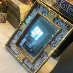 Vintage Mirror Ona Stand Wooden & Enamel