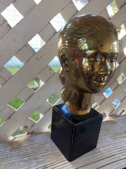 Brass Female Head Bust Sculpture on Black Base