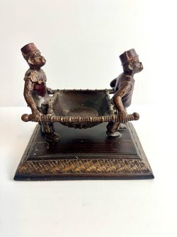 Vintage Monkey Figural Decorative Bowl on Wood Base Trinket Holder