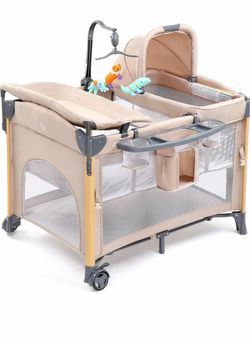Bedside Bassinet with Changing Table, All in One Nursery Center, Bedside Baby Bed with Mattress, Sheet, Canopy, Storage Shelf (Beige)