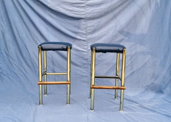 1970s Modernist Cal-Style Chrome Counter Stools.