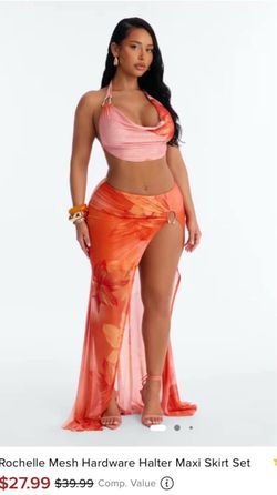Rochelle Mesh Hardware Halter Maxi Skirt Set