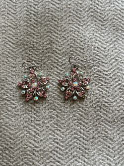 Silver Flower Drop Earrings with Pink Rhinestones