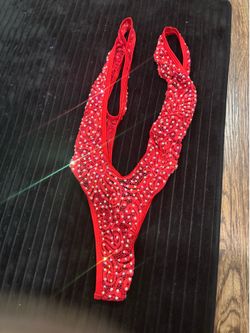 Handmade women’s Red Rhinestone Embellished lace Bodysuit One Piece size small.