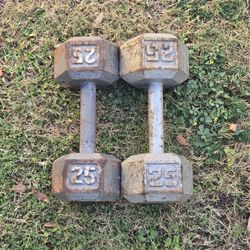 Pair Of 25lb Hand Weights Dumbells Workout Weights Iron Metal Grip Hexagon