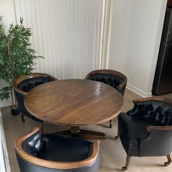 Vintage Wood Table + 4 Rolling (engraved) Captain’s Chairs – Must Go (Moving in 5 Days!)