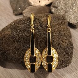 Trifari Black Enamel and Gold Vintage Earrings with Rhinestones