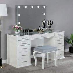 White OR Dark Gray Lighting Vanity w/ a Upholstered Stool