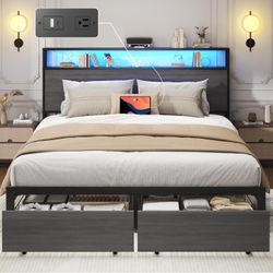 New Queen Bed Base with Charging Station and LED Lights, Metal Bed Frame with 2 Storage Drawers and Headboard, No Box Spring Needed, Easy Assembly, No