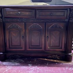Zenie Cherry Brown Solid Wood 61.5 in. Classic Carved Buffet Cabinet with Hutch