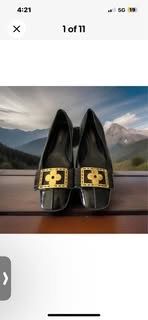 LOUIS VUITTON Black Patent Leather Gold Flower Buckled Square Toe Flats Size 35 / US 5