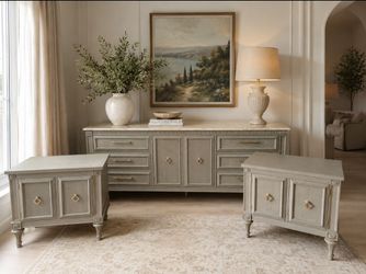 Vintage Hickory Furniture 3Pc Bedroom Set - Green Faux Linen Finish - Dresser & 2 Nightstands