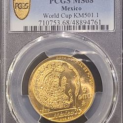 1985 Mexico Gold 500 Pesos World Cup Soccer PCGS MS 68 Oro