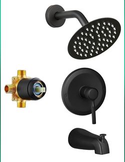 Tub Shower Faucet Set Valve Included with 6-Inch Rain Shower Head and Tub Spout Single-Handle Tub and Shower Trim Kit Matte Black
