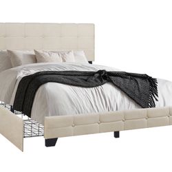 NEW IN BOX Platform Beige Bed Frame- Full, Queen, King with Side Drawer Storage