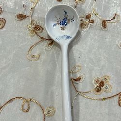 Vintage 19 th Ceramic Serving Spoon  , White And Blue Floral Pottery 