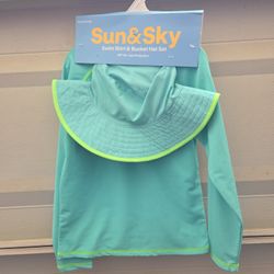 New Kids Swim Rash Long Sleeve Gaurd And Bucket Hat Size 7/8 Or 10/12 Boys Girls