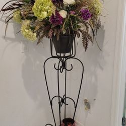 Tall Wrought Iron Plant Stand / Silk Flowers Included