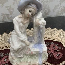Vintage Porcelain Girl Resting by a Well Figure Statue Made In Taiwan 6in