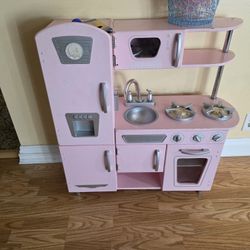 Used Pink Wooden Kitchen Play Set