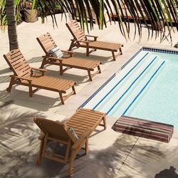Set Of 4 LUE BONA Teak Color HDPE Frame Stationary Chaise Lounge Chair with Slat Seat