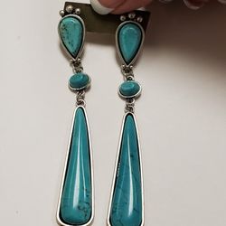 Silvertone Faux Turquoise Dangle Earrings 3" Long