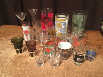 Lot of 21 shot flute drinking glasses cherries ladybug Egyptian hearts cards Alaska flowers