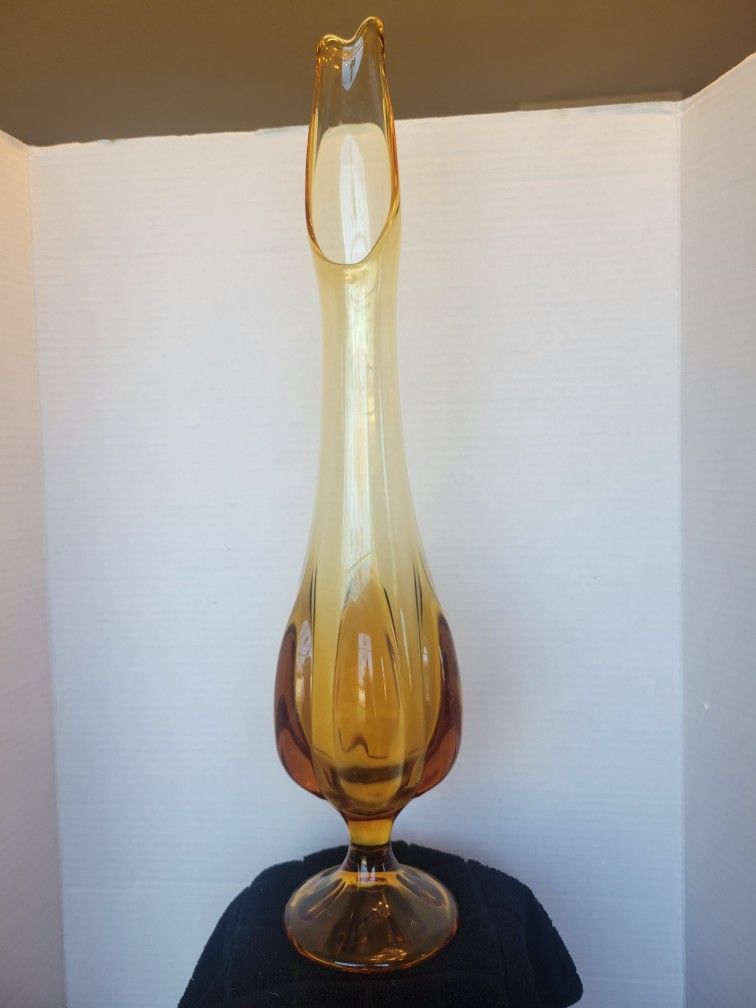 Vintage MCM Viking Glass Large 20” Amber Pedestal Epic Drape Swung Vase