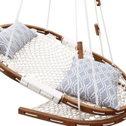 NEW Saniwerke Rope Net Lounge Hammock with Wood footrest, Fretwork Pewter, Hanging Chair Swing with Cushions, Indoor Outdoor Porch Hammock