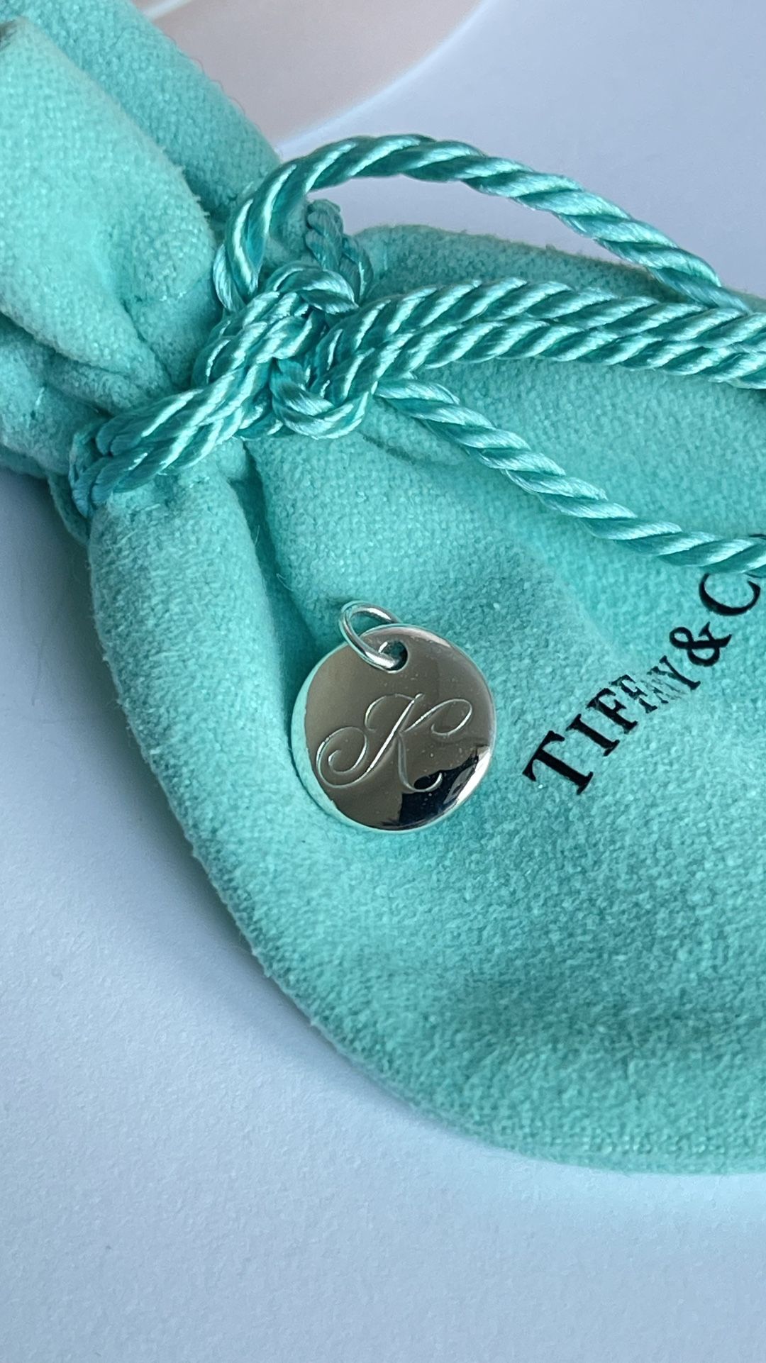 Tiffany Silver Letter K Alphabet Initial Round Circle Notes Charm Pendant NEW