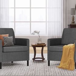 Modern Linen Fabric Armchairs Set of 2, Upholstered Living Room Armchairs With Metal Legs, Armchairs (Dark Gray)