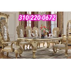 Cabriole Lavish Set 7 piece Formal Dining Room Table Set Gold Finish