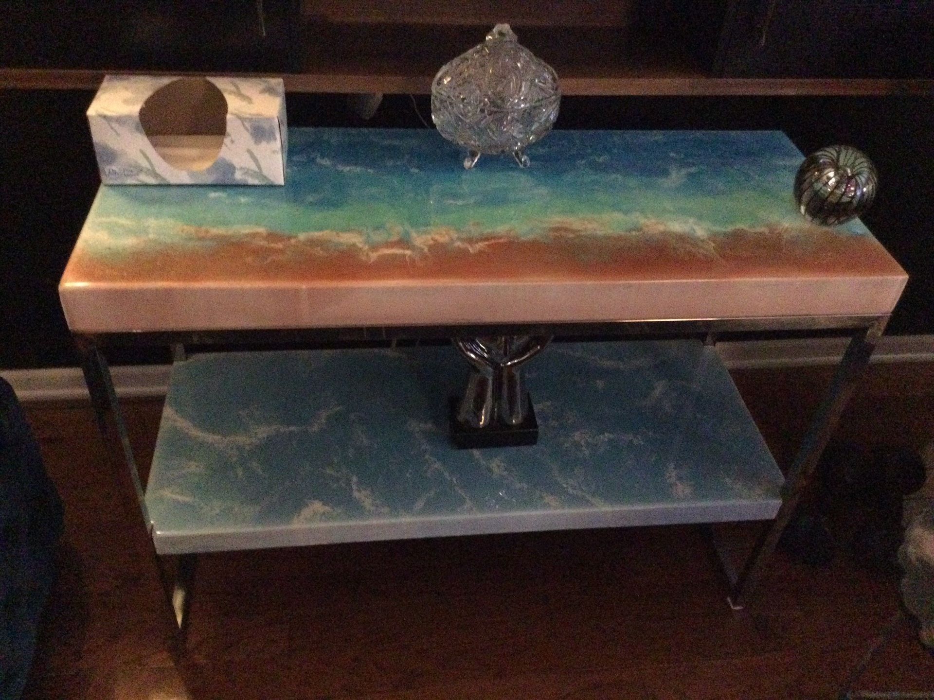 HALL TABLE OR FOR ANY  ROOM …33W X 29H X 16D. TOP COATING HAND MADE WITH EXPOXY…OCEAN CRASH LOOK…