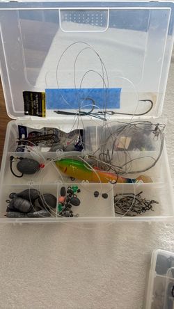 Fishing weights and hooks and others