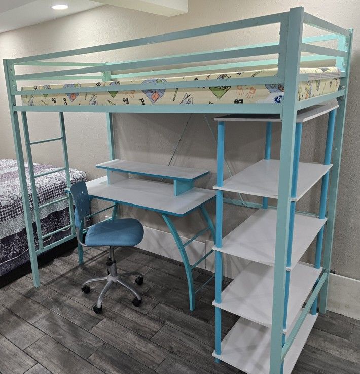 LOFT BED, MATTRESS, DESK, CHAIR AND SHELF